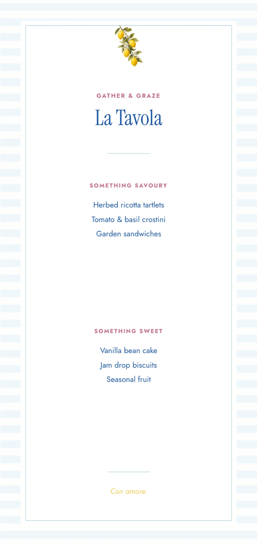 Ciao Baby menu rendered by Milestones