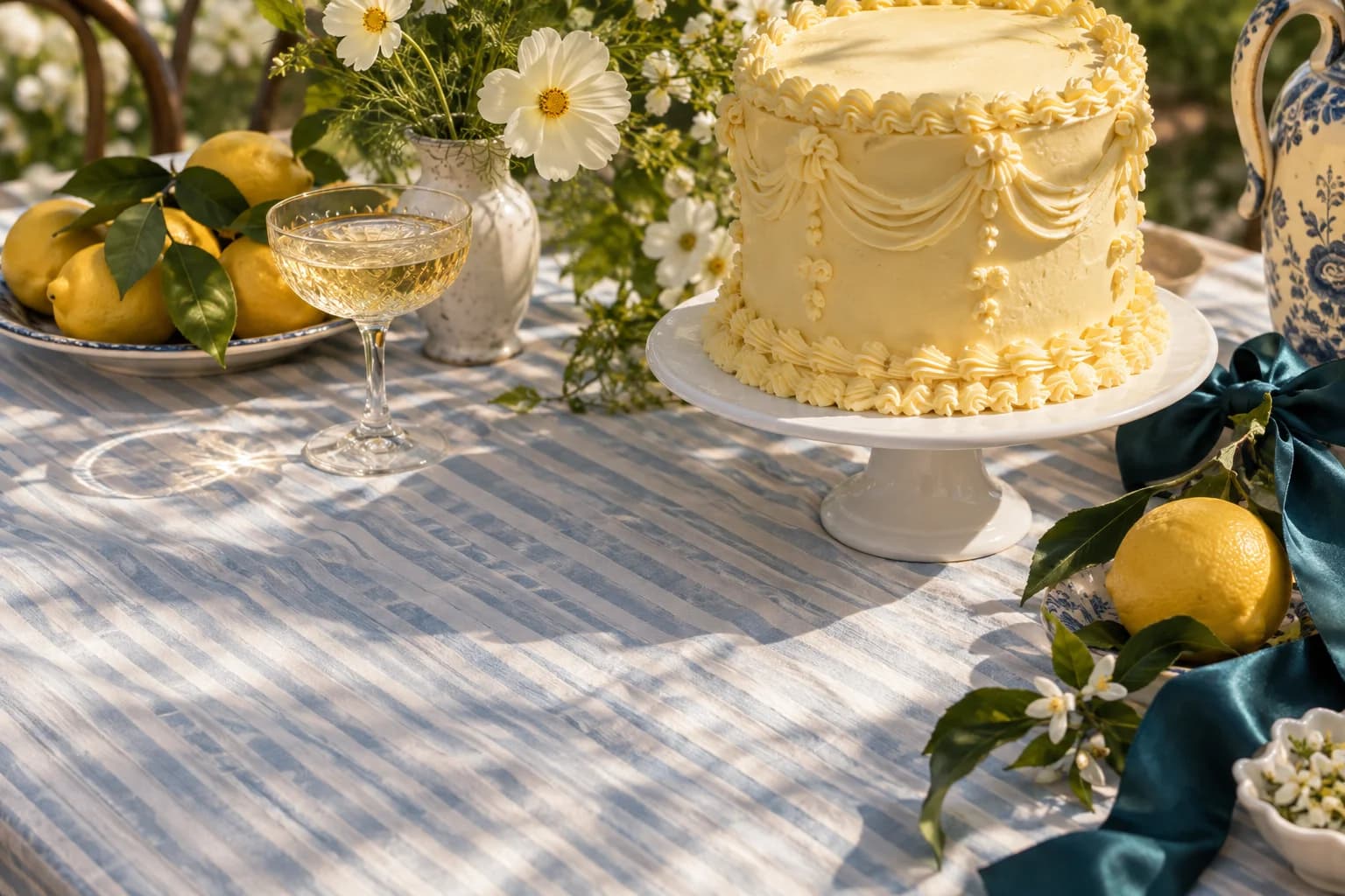 A lemon-yellow celebration cake, blue striped linen and garden flowers — Milestones celebration still life