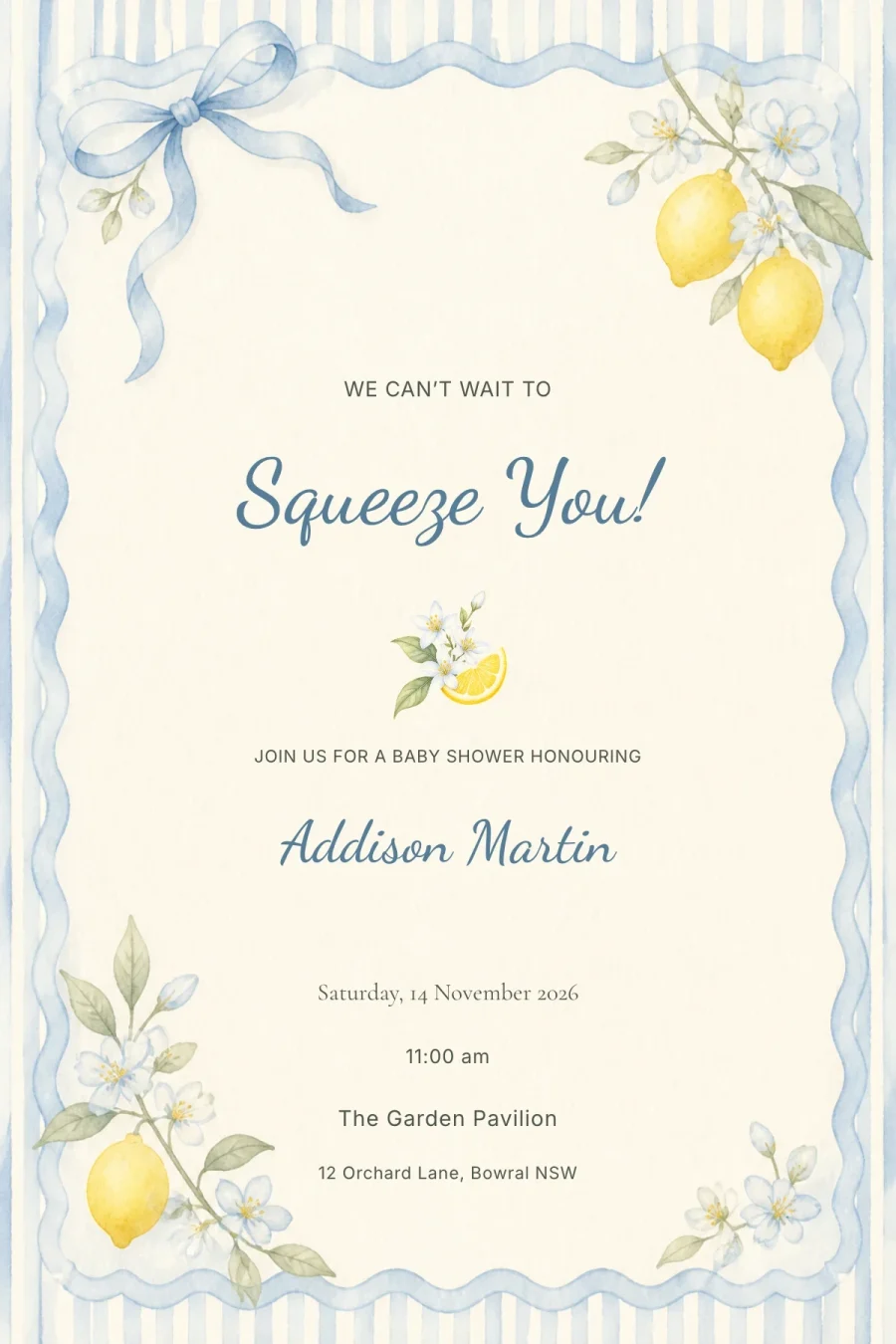 Squeeze You digital invitation with a blue ribbon frame, watercolour lemons and sample baby shower details
